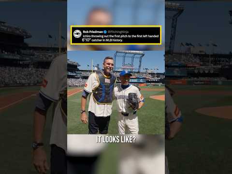 Ichiro throwing out the first pitch to the first left handed 6'10" catcher in MLB history.