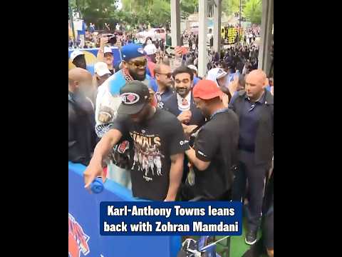 Mayor Zohran Mamdani on the parade float with KAT and the Knicks!