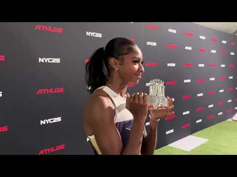 Masai Russell Reacts to 100H Win and Being Recognized by Serena Williams at Athlos NYC 2025