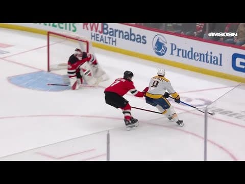 Nico Hischier scores a goal against the Nashville Predators