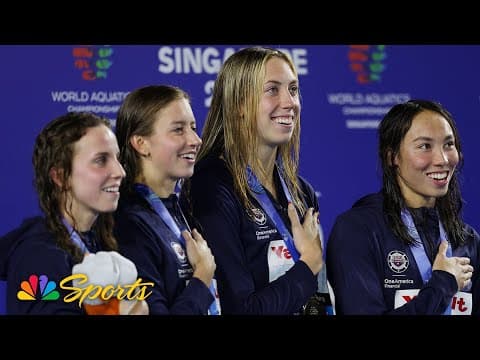 Team USA receives gold during medal ceremony for women's 4x100m medley relay at worlds | NBC Sports