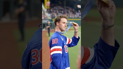 Jake Oettinger throws out the first pitch at the Texas Rangers’ home opener