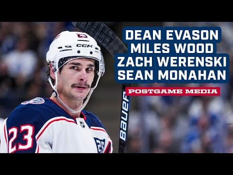 HC Dean Evason, Miles Wood, Zach Werenski and Sean Monahan, CBJ @ Red Wings  | Postgame Media