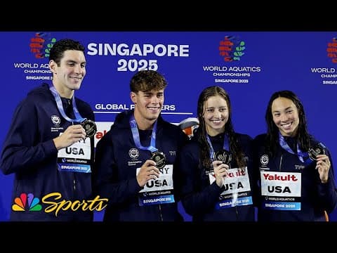 Team USA receives gold during medal ceremony for mixed 100m freestyle relay at worlds | NBC Sports