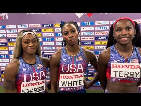 US women after advancing to 2025 World Championship 4x100 final 
