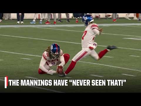 'NEVER SEEN THAT' 😬 Peyton, Eli & Danny DeVito can't believe Younghoe Koo's FG attempt | ManningCast