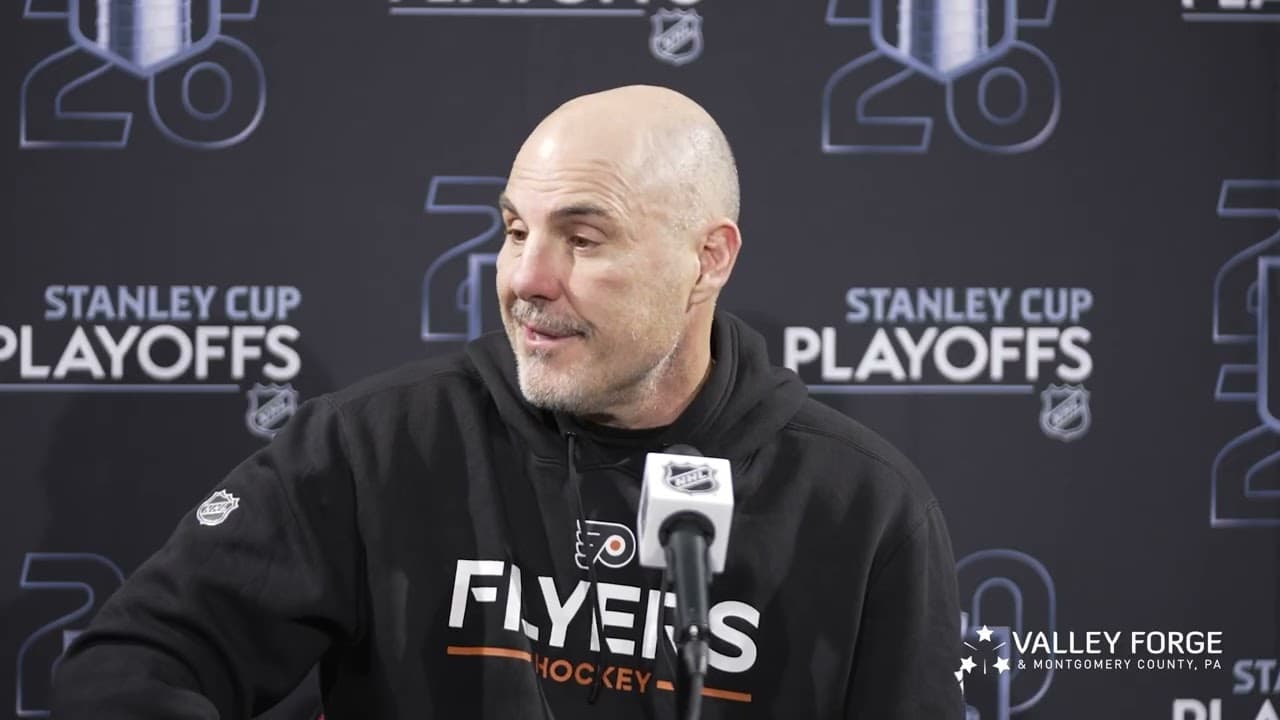 Head coach Rick Tocchet meets with the media at Sunday’s practice in Raleigh.