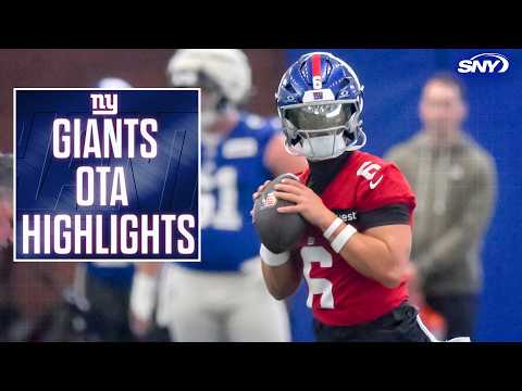 Jaxson Dart, Kayvon Thibodeaux, and John Harbaugh on the field for Giants OTA workout