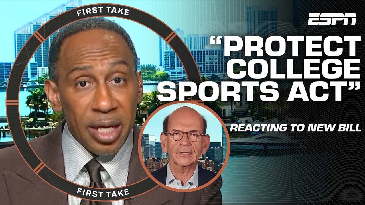 New bipartisan college sports bill proposes salary cap 🚨 Stephen A. & Finebaum weigh in | First Take