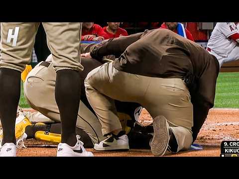 97 MPH fastball from Yusei Kikuchi hits Jake Cronenworth in the jaw 😱