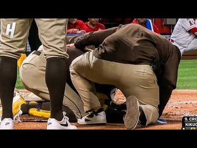 97 MPH fastball from Yusei Kikuchi hits Jake Cronenworth in the jaw 😱