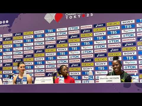 MELISSA JEFFERSON WOODEN, AMY HUNT, SHERICKA JACKSON PRESS CONFERENCE AFTER 200M AT TOKYO 2025