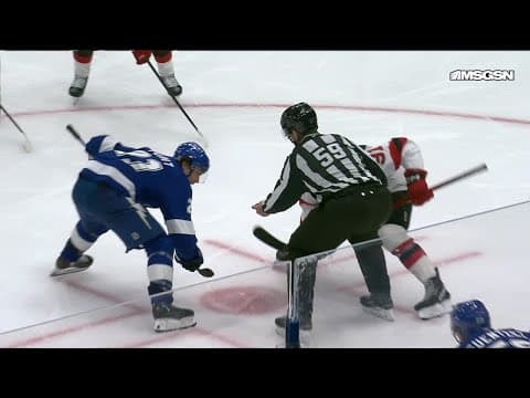 Darren Raddysh scores a goal against the New Jersey Devils