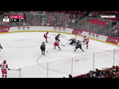 Andrei Svechnikov scores a goal against the New Jersey Devils