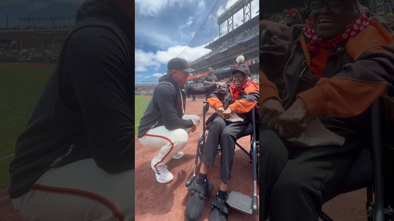 103-year old Rosie the Riveter during WWII meets her favorite player, Logan Webb