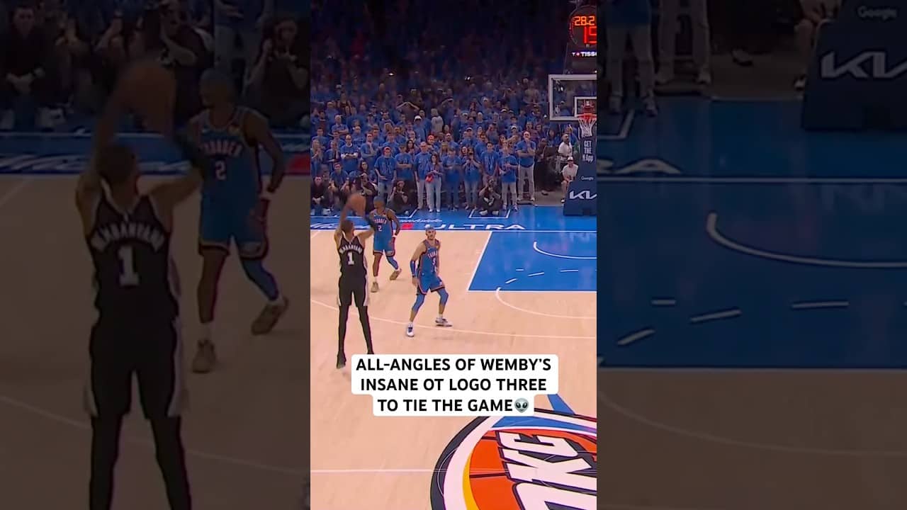 All-angled of Victor Wembanyama’s wild logo three to tie the Game 1 in OT 👽