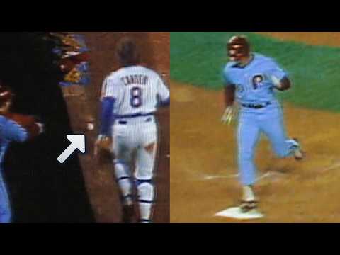 Mike Schmidt scores from first base on a passed ball