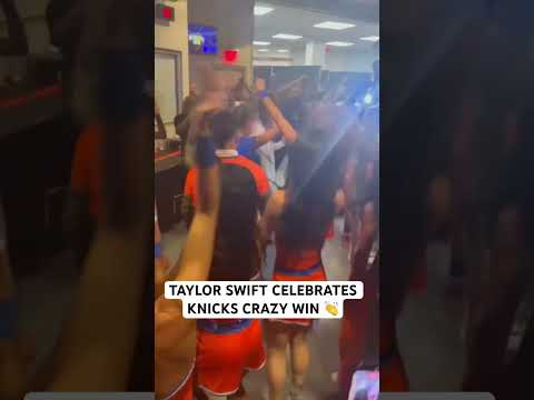 Taylor Swift celebrating with the Knicks dancers after Game 4 win