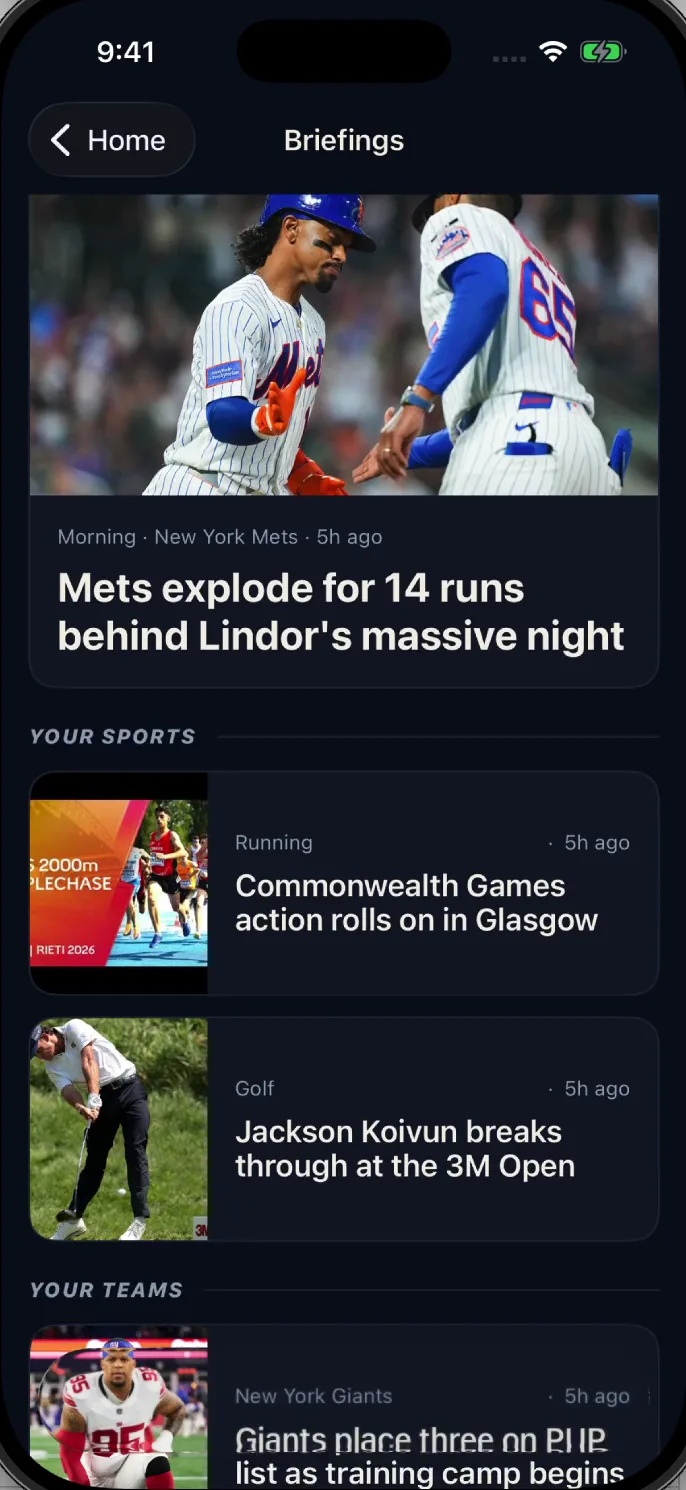 Jerry briefing screen led by a Mets result, followed by ranked stories from the fan's sports and teams