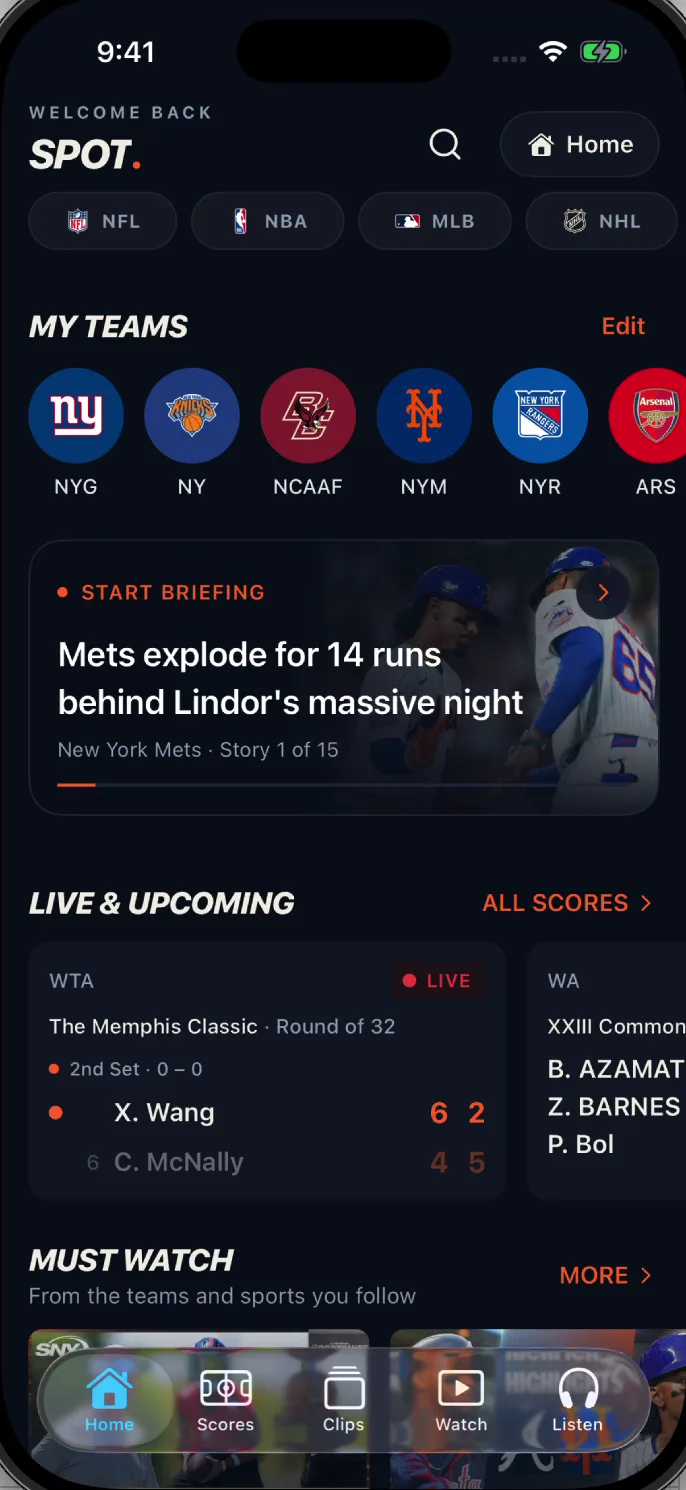 Spot Sports Home screen showing followed teams and a Start Briefing card led by the Mets