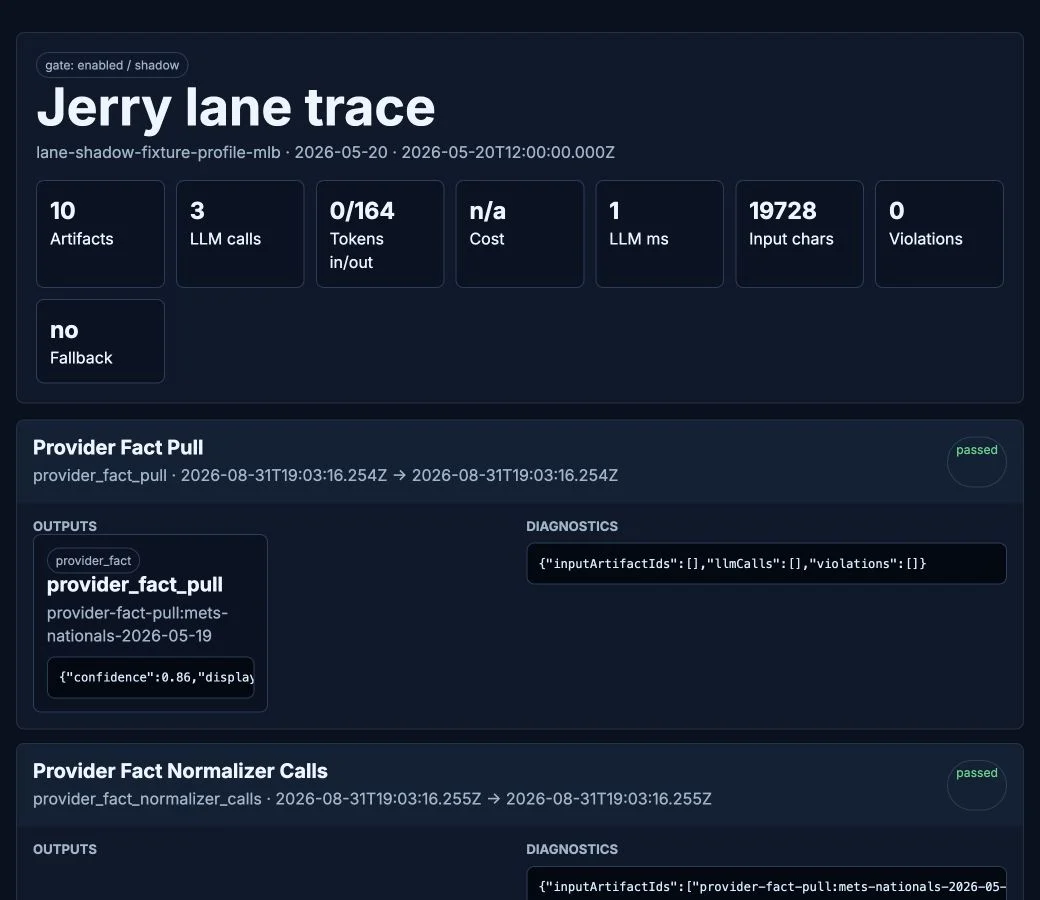 Jerry lane trace dashboard showing ten artifacts, three model calls, zero violations, and stage-level diagnostics