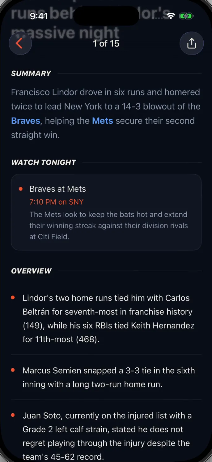 Jerry story screen with a Mets summary, tonight's matchup, and sourced key points