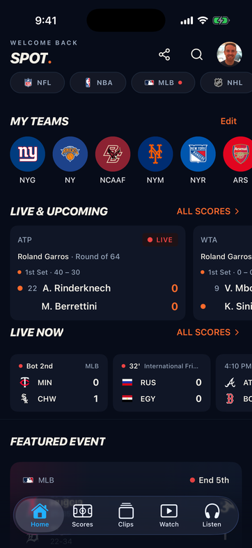 Spot Sports home screen showing followed teams, live and upcoming games, and a featured event
