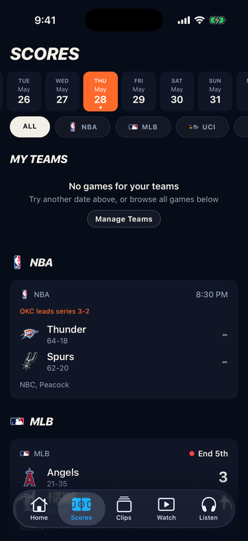 Spot Sports scores screen with a date strip, series context, and broadcast information