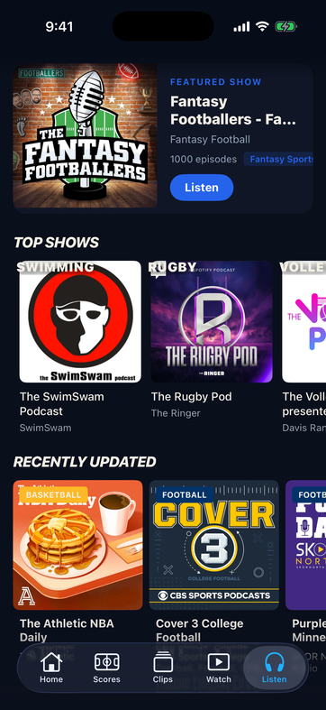 Spot Sports Listen tab with a featured show and rows of podcasts across sports
