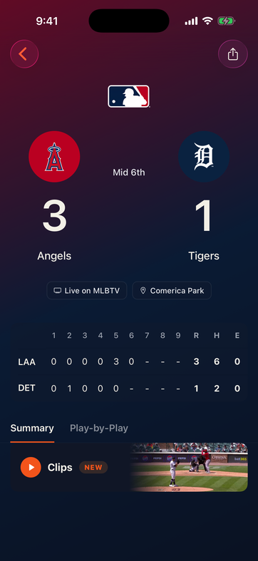 Spot Sports game detail page showing the score, broadcast, box score, and a clips module